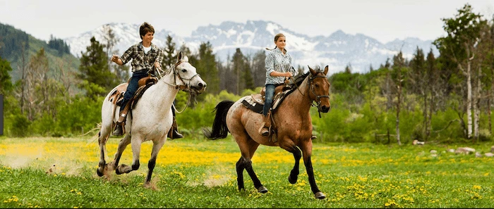 Confident plus-size woman riding Wooburn Green a horse through a field with a smile on her face.